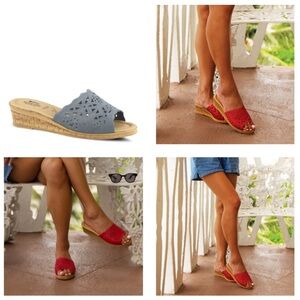 Spring Step Laser Cut Leather Wedge Slide Sandals Blue Women's EU 42